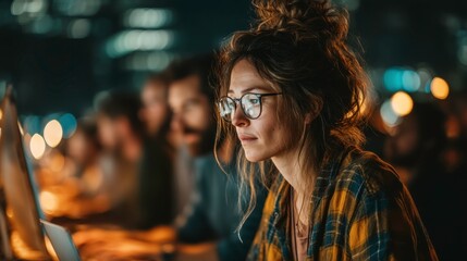 Focused Woman Working Late at Night with Computer and City Lights