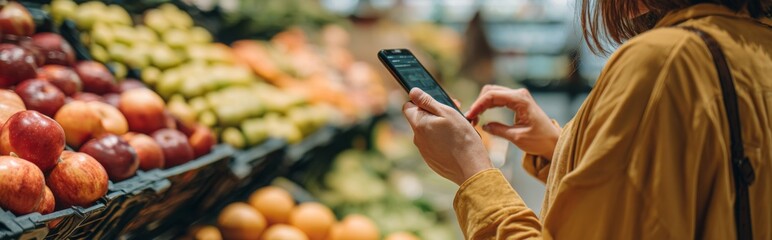 Woman using app on smartphone in a grocery store while shopping for groceries