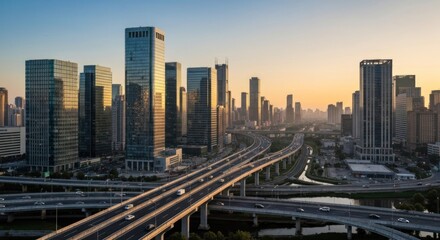 Skyline of skyscrapers and highways illuminated by a golden sunrise or sunset