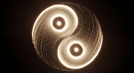 Abstract Yin Yang Symbol with Swirling Light Trails and Glowing Orbs.