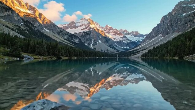 Majestic mountains and serene lake reflecting the morning sunlight in a valley surrounded by lush forest