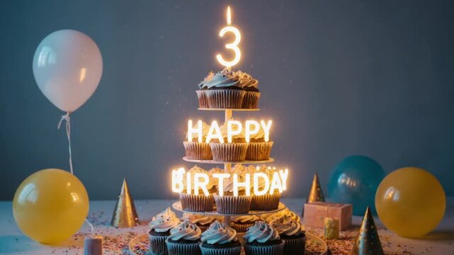 Happy 3rd Birthday Celebration with Glowing Cupcakes and Party Decorations
