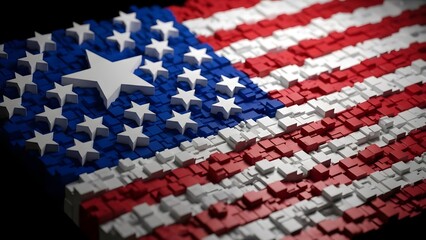 American flag made of puzzle pieces on black background with white stars and red and white stripes