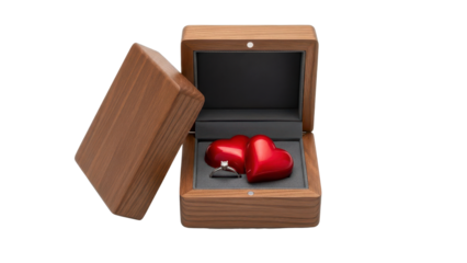 Open Wooden Ring Box with Silver Ring and Red Heart Chocolates Product Shot isolated PNG with Transparent Background