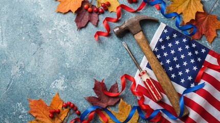Vibrant fall foliage, hand tools, and the American flag arranged on a rustic blue surface, symbolizing labor and patriotism.