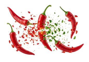 Red chili pepper explodes into red and green fragments, two other peppers motion blurred against transparent studio background with copy space, high-speed macro shot, dynamic lighting, intense flavor