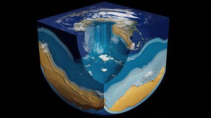 A cutaway Earth core reveals an azure ocean with floating islands, defying natural laws.
