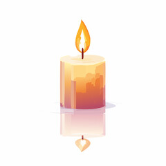 A lit candle with a warm glow and reflection on a calm surface