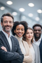 Diverse group of smiling professionals standing in office hallway, vertical photo