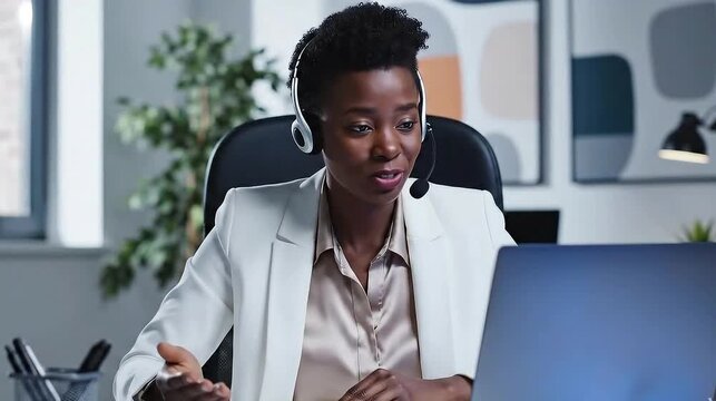 Businesswoman actively participating in a video conference call, wearing a headset 3, smiling and engaged with colleagues on her laptop screen in a warm, sunlit home office.