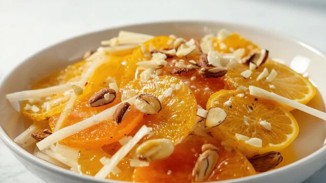 Orange salad with almond slice and citrus dessert drizzle bright fresh citrus salad