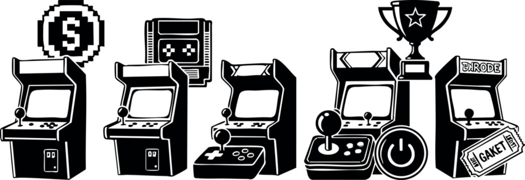 Vintage arcade game machines evolution from classic to modern with trophy and game ticket vector illustration