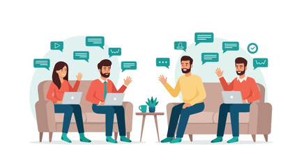 Diverse group collaborating online, remote work, digital communication, chat bubbles