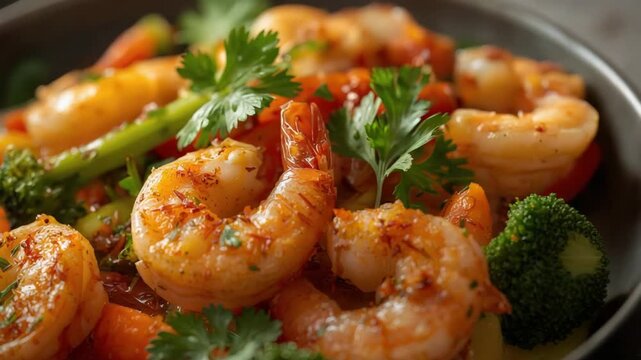 Grilled shrimp with broccoli, cilantro and vibrant vegetables. spicy savory seafood vegetable stir