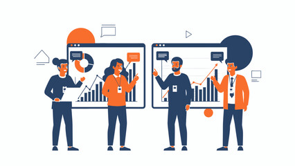 Business team analyzing charts and graphs on screens, teamwork and data analysis