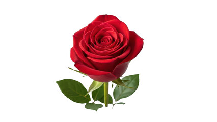 Fototapeta premium Vibrant Red Rose Flower Head with Green Stem and Leaves isolated PNG with Transparent Background