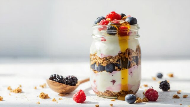 Yogurt parfait granola berry blueberry honey parfait in glass jar bright morning treat