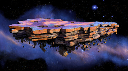 A massive floating landmass crumbling in space, ancient layers disintegrating into stardust.
