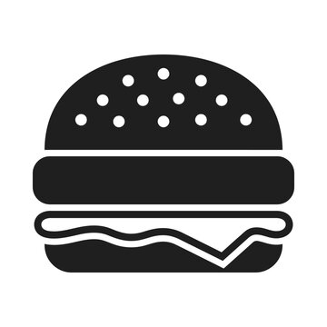 A simple black and white icon depicting a classic cheeseburger with visible layers