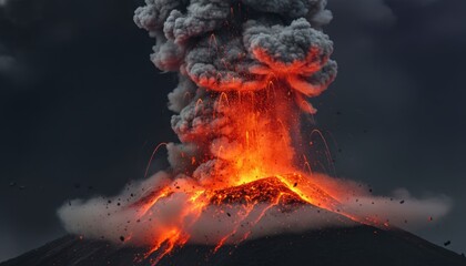 Massive volcanic eruption with glowing lava flow and huge ash cloud at night