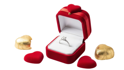 Luxury Red Velvet Engagement Ring Box with Diamond Ring and Heart Shaped Chocolates isolated PNG with Transparent Background