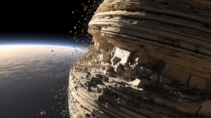 A massive floating landmass crumbling in space, ancient layers disintegrating into stardust.
