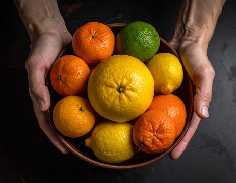Hands holding bowl of fresh citrus fruits close up photography
