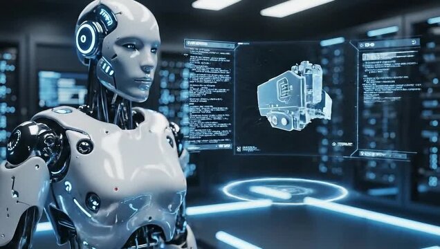 Robot Inspecting Engine Blueprint in High-Tech Laboratory