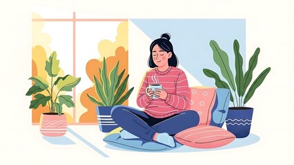 Fototapeta premium Woman Relaxing at Home with Plants.