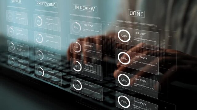 Task management tool dashboard showing kanban-style workflow with columns for to do, in progress, in review, and done, including task cards, progress, and team icons Marrow