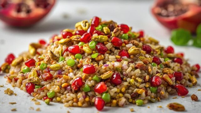 Pomegranate pistachio wheat grain salad with herbs seeds, vibrant fresh colorful flavors