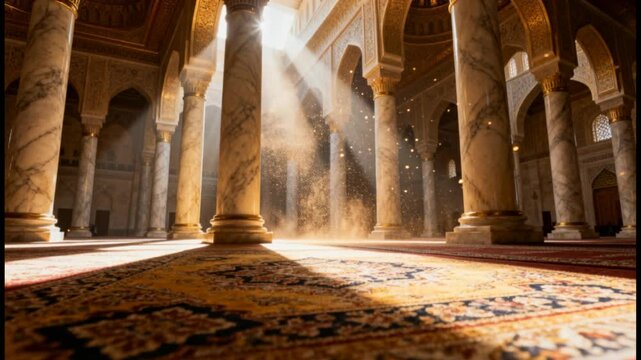 tracking shot inside grand mosque prayer hall perfect for ramadan kareem