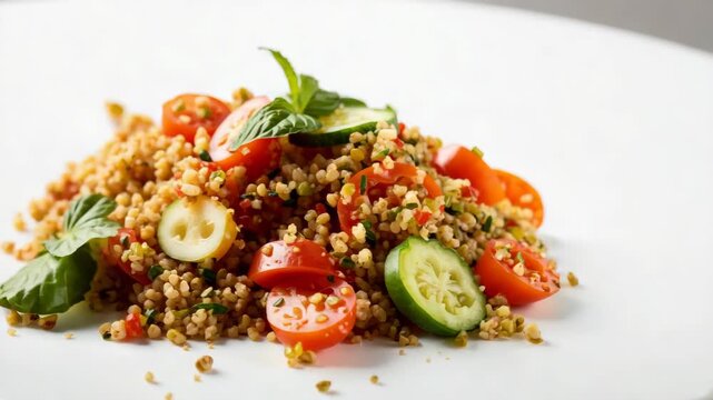 Fresh tabbouleh bulgur salad with cherry tomato, cucumber, basil and parsley zest