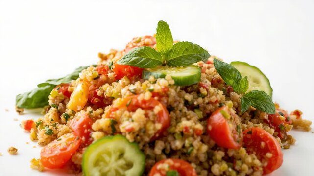Bright Mediterranean bulgur salad with cherry tomato, cucumber, mint, lemon and olive oil