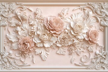 Ornate three dimensional floral bas relief carving set within a decorative molding frame