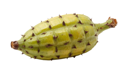 Closeup of a spiky green fruit isolated on a white background