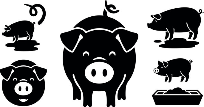 Pig silhouette vector set with multiple pig poses and feeding trough black icons for farm or animal design