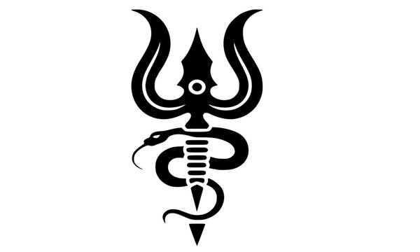 Tattoo flash vector of sacred trishul with serpent, bold black ink Shiva trident line art, spiritual Hindu occult tattoo symbol, monochrome stencil ready design, traditional tattoo flash illustration