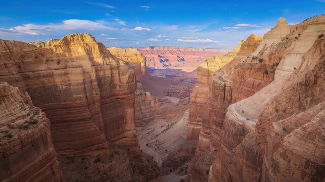 Sunlit red rock canyon panorama with layered sandstone cliffs and deep winding valley road blue sky