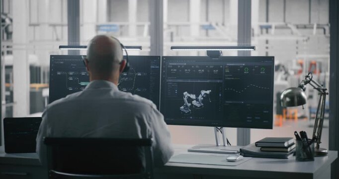 Engineer on Headset Controlling 3D Automation Model. Man Working Intensely at Two Monitors. Screens Display 3D Robot Model and Metrics, Overlooking Automated Factory Floor. Remote Robotics Management.