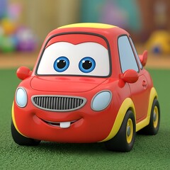 Red cartoon car with big eyes.