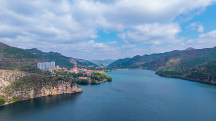 Aerial view of mountain lake scenery in autumn