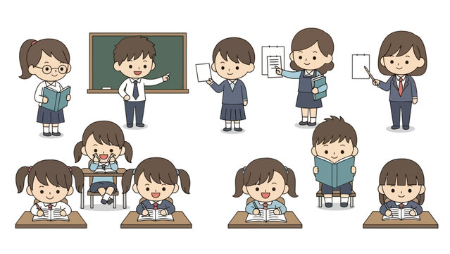A collection of cute cartoon illustrations of Japanese students and teachers in a classroom setting, engaged in various school activities.