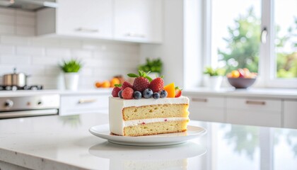 Cake Slice on Kitchen Table in Modern Home Interior