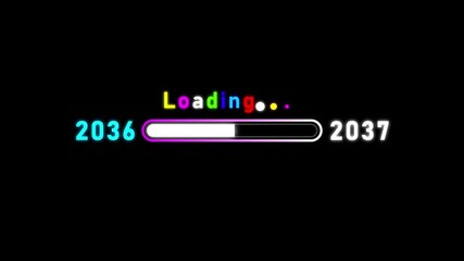 Neon loading bar transitioning from year 2036 to 2037 on black background progress bar progress