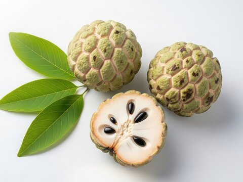 Fresh custard apple fruit with leaves on white background