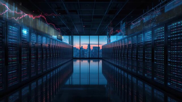 Data center server room rack server reflective floor city skyline sunset futuristic aisle glow