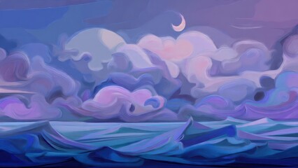 Fototapeta premium Painted Seascape with Clouds and Moon
