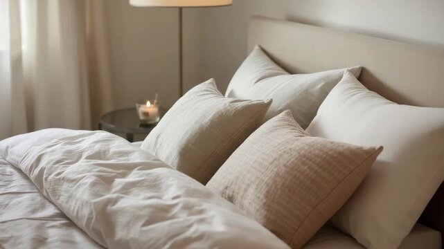 Cozy neutral bedroom with layered pillow, duvet, bedding, comforter and nightstand candlelight