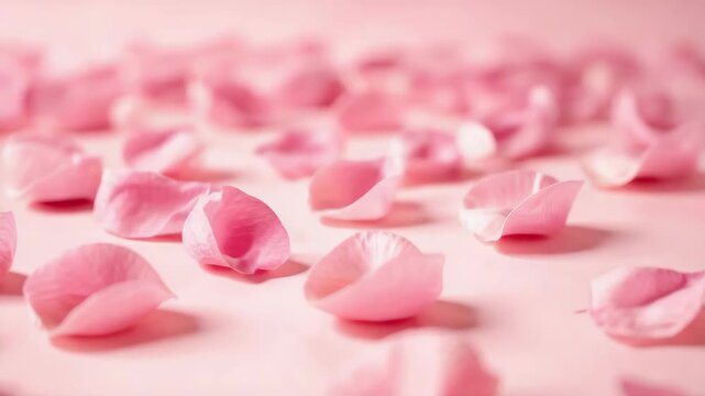Pink rose petal scattered on pastel background evoking gentle romantic floral mood